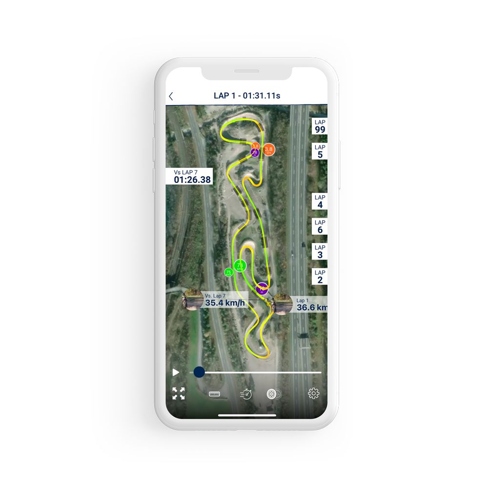 App Husqvarna mostrando mapa satelital con trayectoria, comparaciones de velocidad y marcas de tiempo por vuelta.